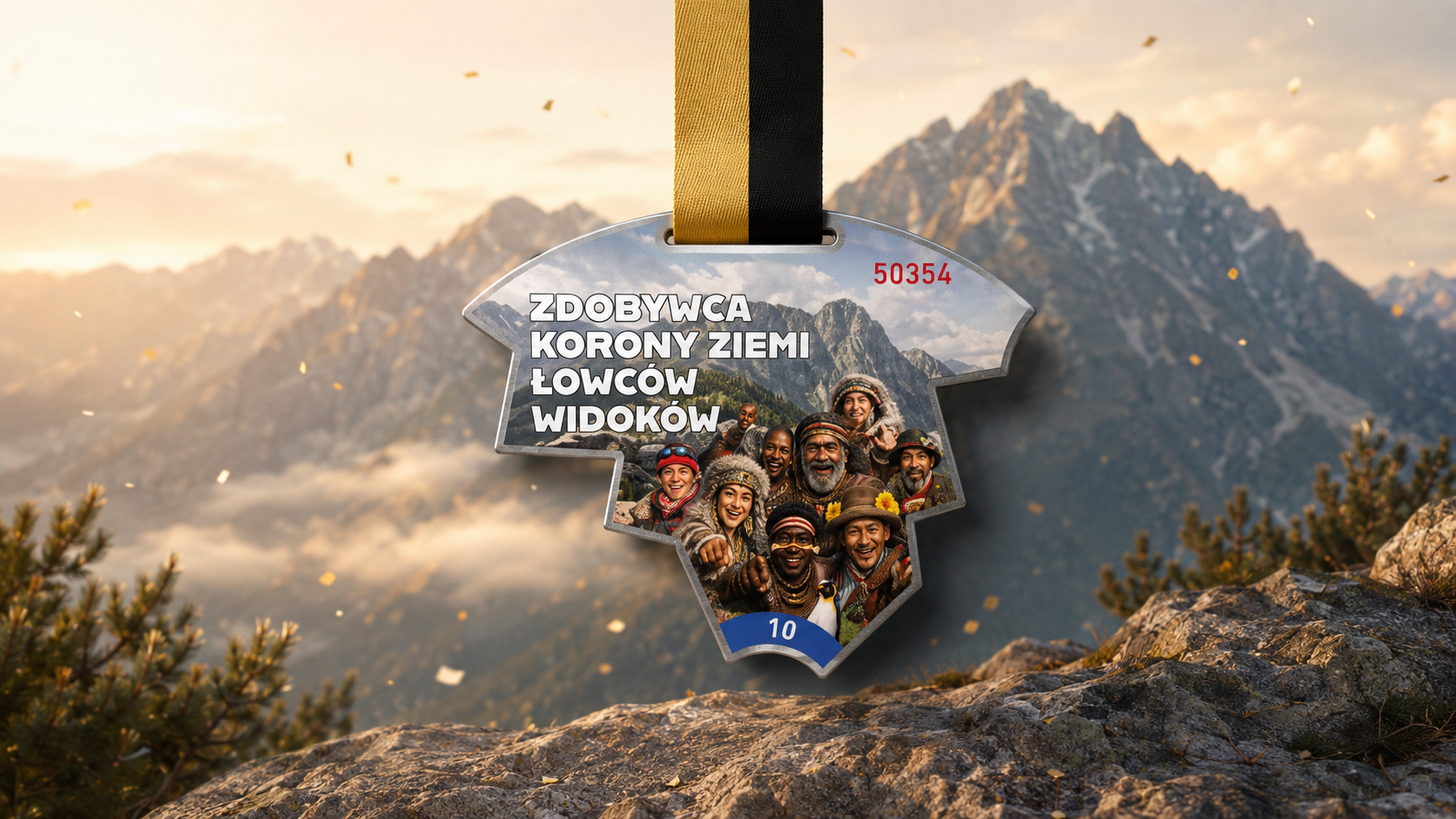 Gratulacyjny dziesiąty medal Zdobywca Korony Ziemi Łowców Widoków z motywem Giewontu
